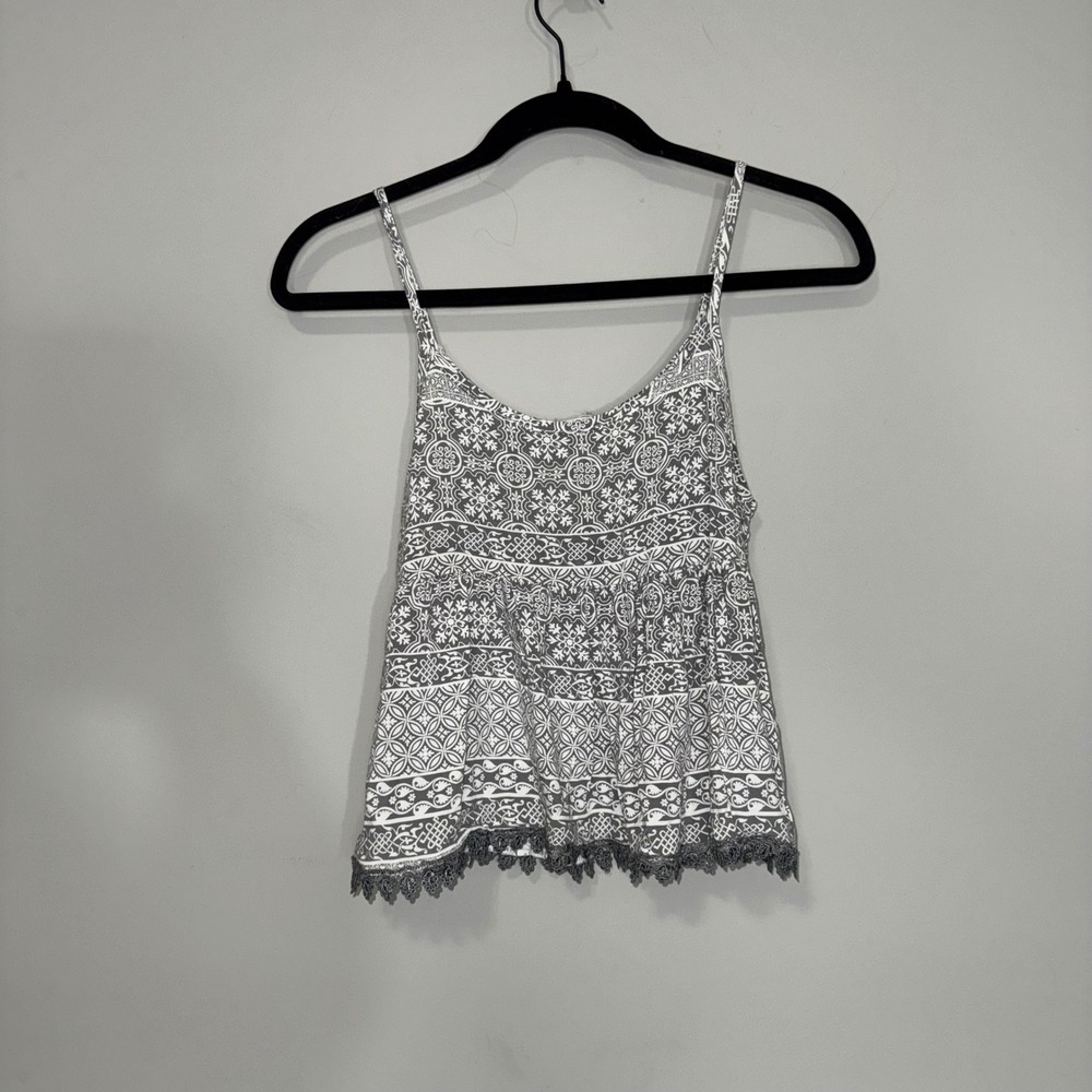 LA Hearts Grey Geometric Medallion Print Cropped Lace Trim Cami Tank‎ Top Small
